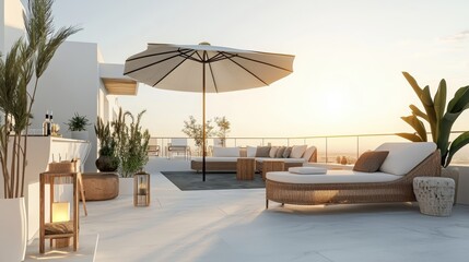 Fototapeta premium Serene rooftop terrace during sunset featuring lounge seating, decorative greenery, and a stunning open view