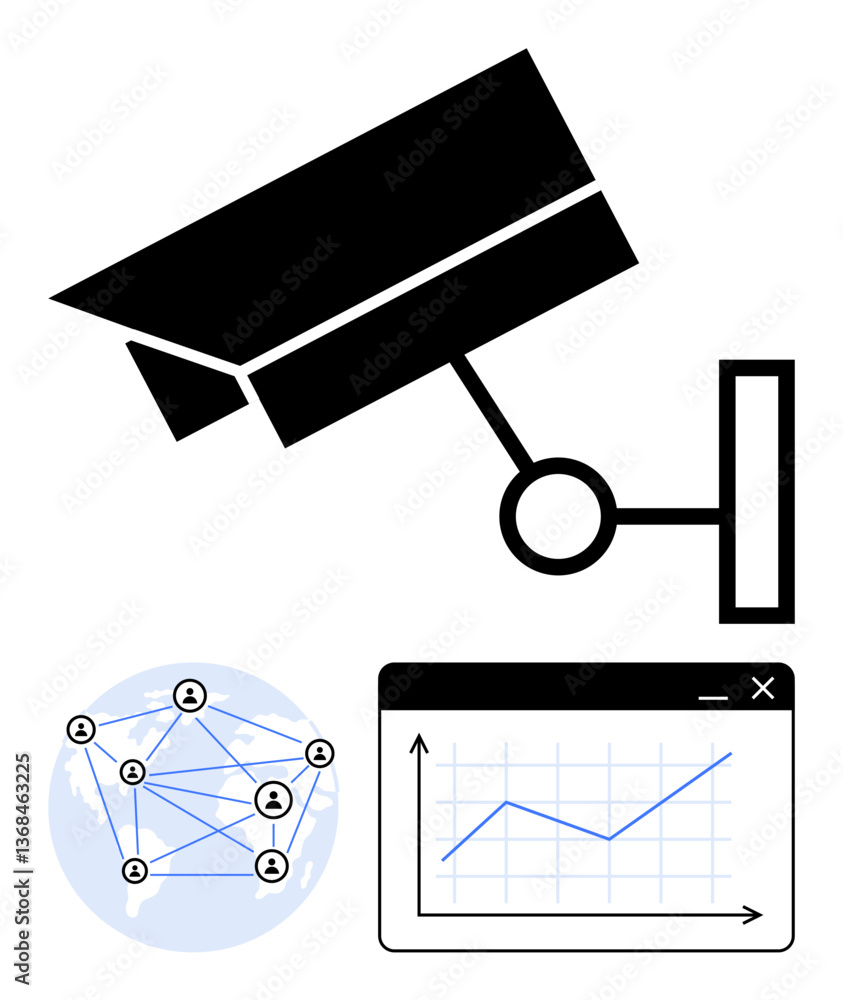 Poster black security camera, a network map with connected nodes, and a line graph indicate surveillance, d