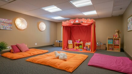 Cheerful Playroom Interior with Cozy Mats Bookshelf and Play Tent Ready for Imagination and Playtime