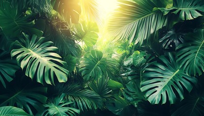 Sunlit Tropical Rainforest Leaves.