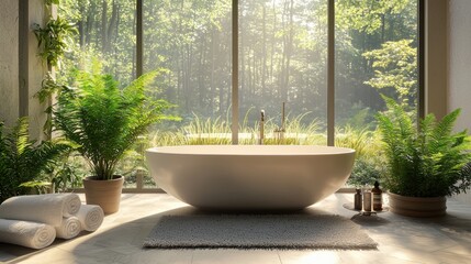 Fototapeta premium Modern Luxurious Bathroom Bathtub Interior with Lush Ferns and Bright Sunlight in a Serene Greenery View