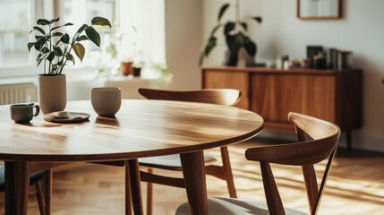 Intimate home aesthetic wooden dining scene capturing tabletop coffee setup modern house interior indoor studio