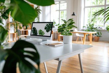 Fototapeta premium Bright home office with green plants and modern computer fostering creativity and focus under natural light desk and wood floor