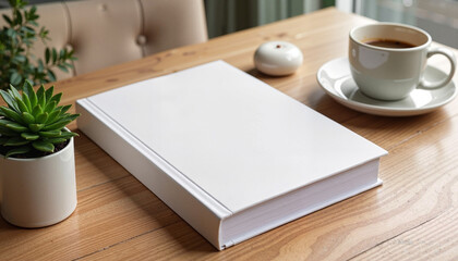 Book Mockup on Table with Coffee and Plant in Cozy Setting  