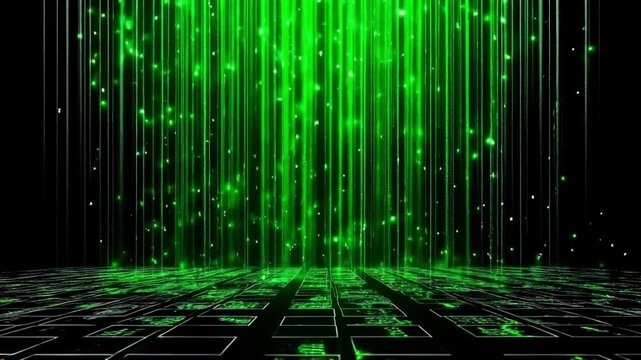 Futuristic Digital Matrix Background with Green Data Streams. Glowing green lines and particles falling on a dark grid floor, creating a high-tech digital environment.