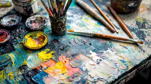 Artistic Still Life of Paintbrushes, Paint Bowls, and Colorful Oils on a Palette in Natural Light Studio