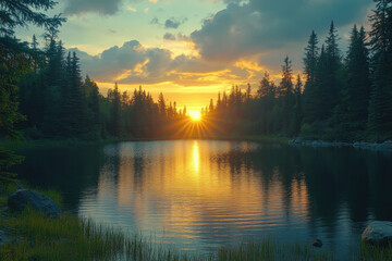 Fototapeta premium Sunset over lake in woods: vibrant hues reflect on calm waters, silhouettes of trees against the golden sky, serene and peaceful nature scene.