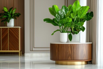 Interior scene showcasing vibrant green plants in white pots atop elegant wooden sideboards at luxury home