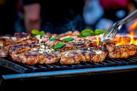 Deliciosa parrillada de carne en un asador al aire libre durante una reuni&oacute;n social