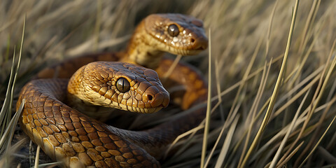 Obraz premium Pair of Snakes Slithering Through the Tall Grass Background for Reptilian Wildlife, Stealthy Creatures, or Jungle Predators