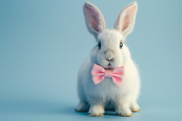 Fototapeta premium White bunny wearing pink bow tie sitting on light blue background