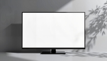 Fototapeta premium 3D TV Mockup on Stand with Blank Screen Against Minimalistic Background 