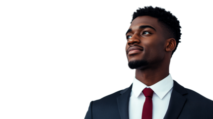 Confident African American man in suit looking up, cut out transparent
