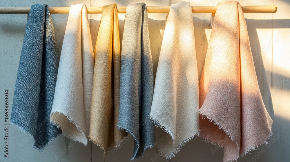 Poster harmonious textiles collection hanging on wooden rod creating soft textures and natural light displa