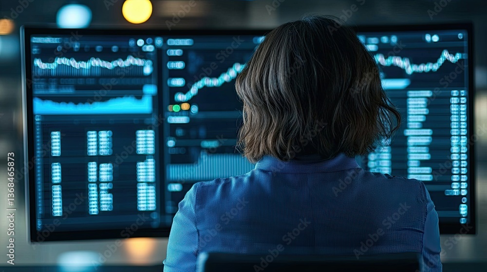 Poster analyzing market trends financial office data visualization technology back view business intelligen