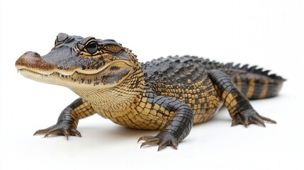Fototapeta premium Close-up of a juvenile alligator on a white background showcasing detailed textures and patterns.