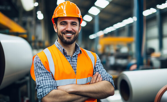 Smiling factory worker in a safety vest and hard hat stands in front of large metal coils inside a brightly lit industrial facility.
