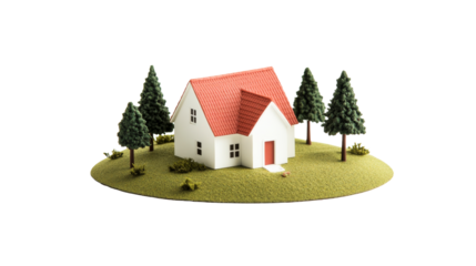 Tiny house model with trees on green island, cut out transparent