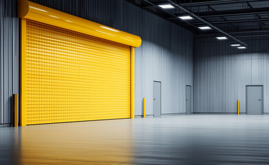 Obraz premium Modern empty warehouse interior with a large closed yellow roller shutter door and smooth concrete flooring. 