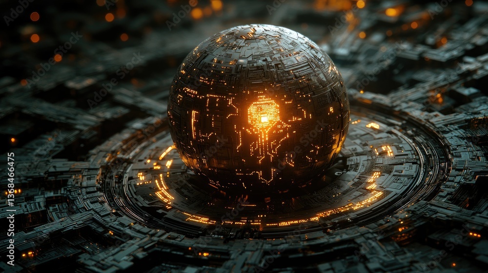 Poster intricate futuristic sphere surrounded by sci-fi technology in an abstract design
