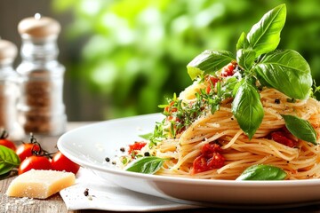 Espagueti al pesto con albahaca fresca y tomate en una presentaci&oacute;n colorida y atractiva