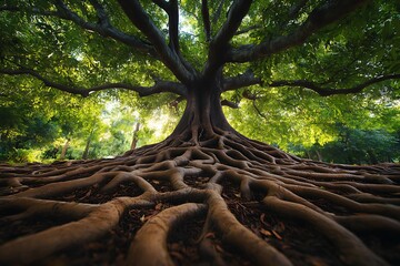Interconnected tree roots supporting a towering tree, symbolizing the strength and unity of nature's foundation