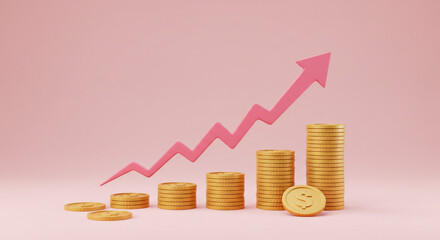 Golden coins stacking upward showing growth and financial success with a pink upward arrow on a soft pink background.
