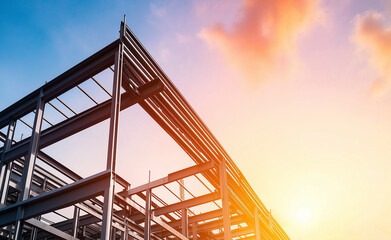 Steel framework of a building under construction captured from a low angle with bright sunlight and a blue sky in the background.
