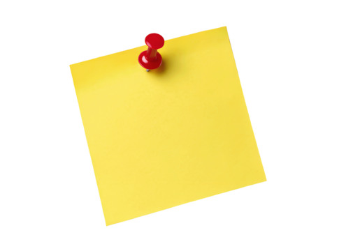 Yellow sticky post-it note with red pushpin, isolated on a transparent white background. Ideal for graphic design mockups, artwork templates, and creative projects. PNG cutout format
