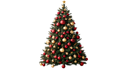 Christmas tree decorated red gold balls, star, isolated, cut out transparent