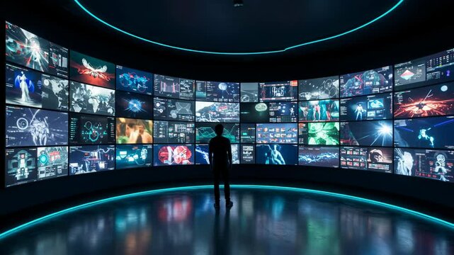 Silhouette man observes vast futuristic video wall with multiple screens. Data analysis, media monitoring, tech control center. Big data, surveillance, information age theme