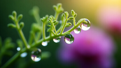 A close-up of a delicate green fennel with multiple raindrops clinging to its thin stems