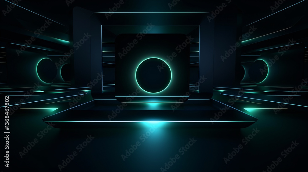 Poster abstract dark minimalistic 3d wallpaper with lighting shapes in green and blue, perfect for high-tec