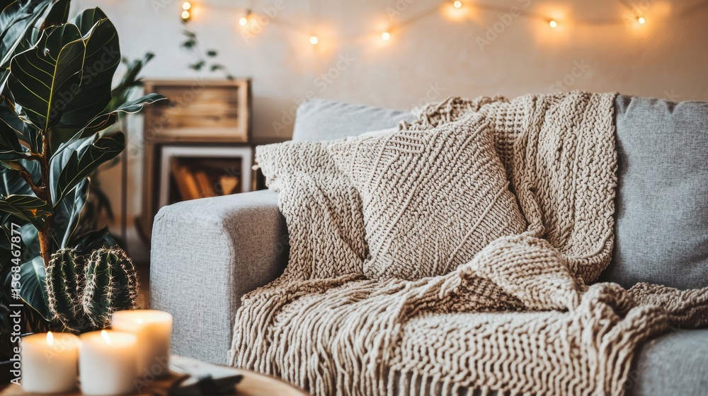 Poster interior scene displaying cozy couch with soft blanket and pillow in soft focus under bright string 