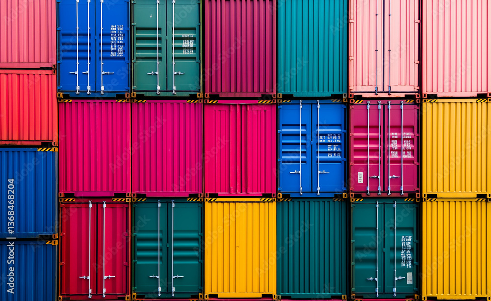 Poster stacked colorful shipping containers arranged in a vibrant geometric pattern, symbolizing global tra