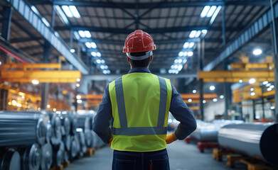Obraz premium Industrial worker wearing a safety vest and hard hat oversees operations in a large, busy factory from an elevated platform. 