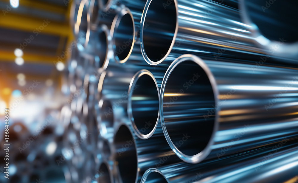 Poster stack of shiny metal pipes arranged in a factory setting, highlighting industrial materials and prec