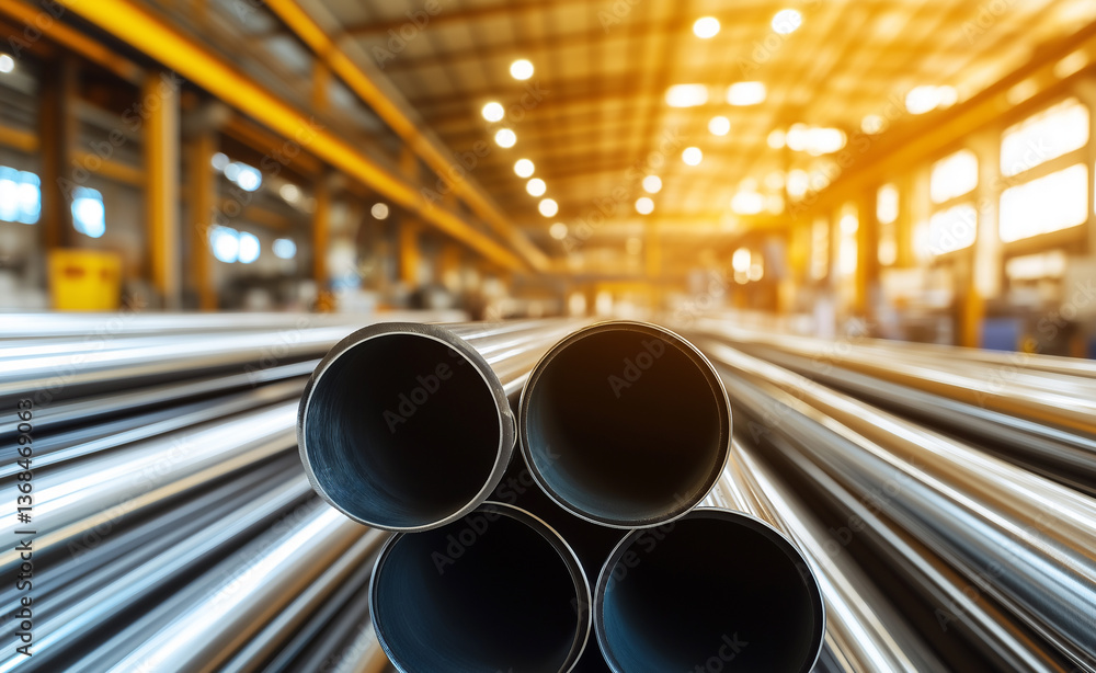 Poster stack of shiny metal pipes arranged in a factory setting, highlighting industrial materials and prec
