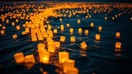 Obraz premium A tranquil twilight ocean filled with glowing lanterns drifting on gentle waves. The warm golden lights contrast beautifully with the deep blue water, Created with generative AI.