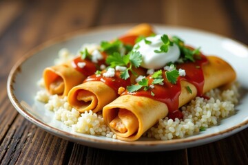 Aromatic Savory Rolled Enchiladas Topped with Zesty Sauce, Creamy Yogurt, and Fresh Herbs Served on a Bed of Fluffy Rice