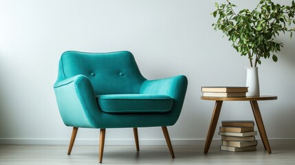 Fototapeta premium Comfortable turquoise armchair beside a round table with books and vase against bright white wall