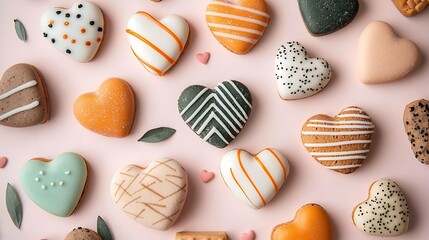 Pastel heart cookies assorted designs pink background