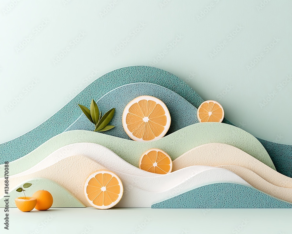 Poster pastel orange slices on wave background