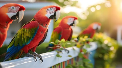 A group of colorful macaw parrots perched on a railing in a bright, sunny environment. Concept Colorful Macaws, Sunny Environment, Vibrant Bird Photography, Wildlife Observation, Tropical Birds