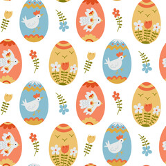 Seamless hand-drawn vector pattern with decorative Easter eggs adorned with floral elements, birds, and folk-inspired designs. Ideal for festive textiles, gift wrapping, and holiday-themed projects
