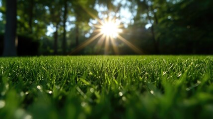 Naklejka premium Lush green grass bathed in sunlight