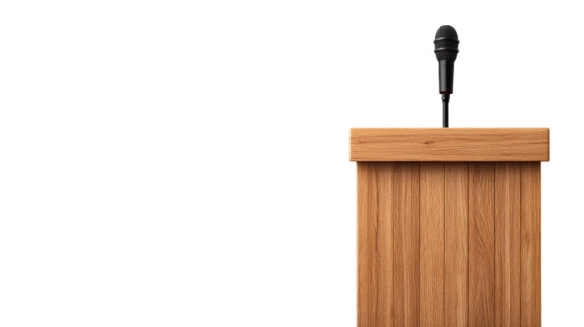 Wood lectern with microphone stands alone, cut out transparent