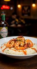 Gourmet Shrimp and Creamy Risotto Drizzled with Sauce Fine Dining Seafood Dish