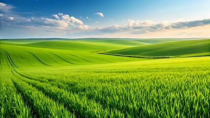 Obraz premium A summer green field stretches towards the blue sky horizon