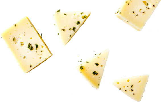 Cheese pieces assortment with herb, triangles and blocks, cut out transparent